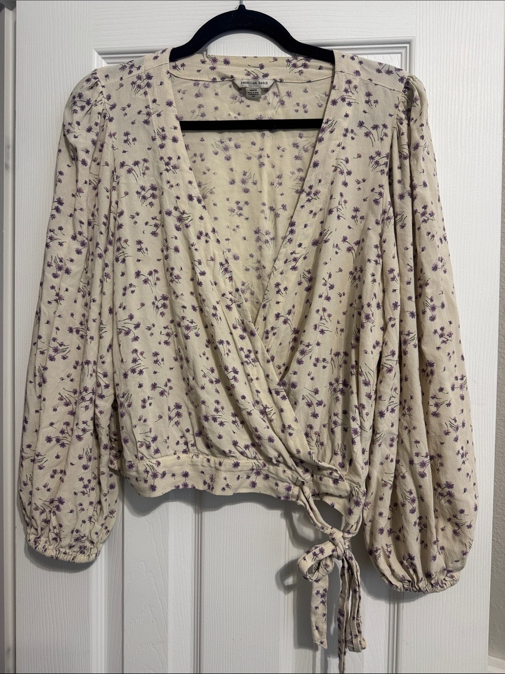 American Eagle Outfitters Cream Wrap Blouse with Purple Floral Print
